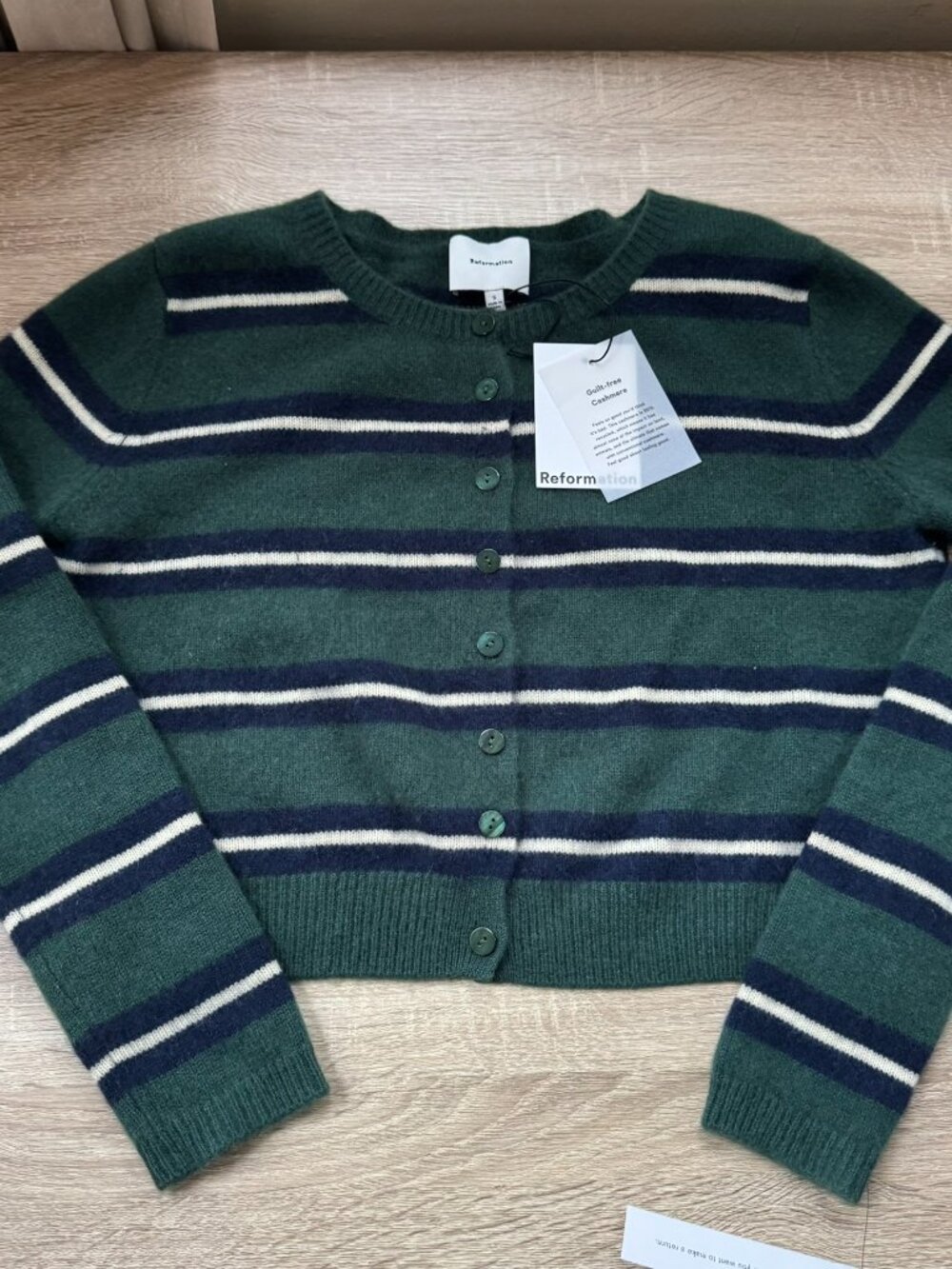 NWT Reformation Clara Cashmere Crew Cardigan Green Stripe Small - Picture 4 of 16